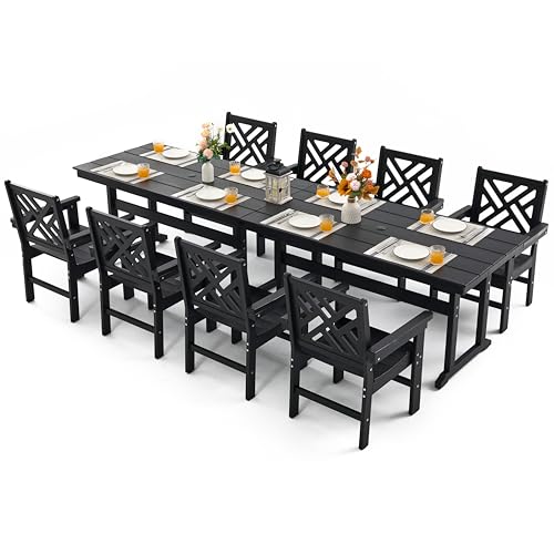 AXMOLM 10 Piece HDPE Outdoor Dining Set for 8, Patio HDPE Furniture Set with 2 Table and Umbrella Hole, Outdoor Table and Chairs for Garden, Poolside, Backyard, Deck