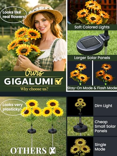 GIGALUMI Solar Garden Lights Artificial Sunflowers, LED Garden Decor Carefree Sunflower Solar Lights Outdoor Yard Decorations Outdoor, Everlasting Sunflower Decor Gift for Yard Patio (Set of 2)