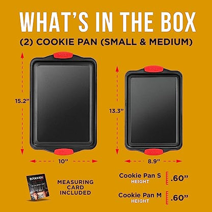 2 Piece Set Nonstick Carbon Steel Oven Bakeware -Professional Quality Kitchen Cooking Baking Trays -PFOA, PFOS, PTFE-Free Medium & Large Baking Sheet Pans with Red Silicone Handles