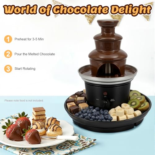 HIFMGHE 3 Tier Electric Chocolate Fondue Fountain Machine, 16oz Capacity Removable Chocolate Fondue Fountain with Fruit Tray and 5 Forks for Birthday, Wedding, Party, Celebration