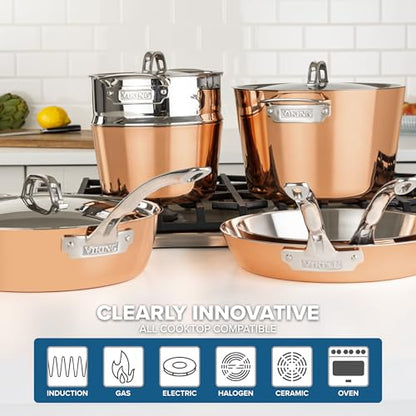 Viking Contemporary 4-Ply Pots and Pan Set, 9 Piece Copper Kitchen Cookware with Metal Lids
