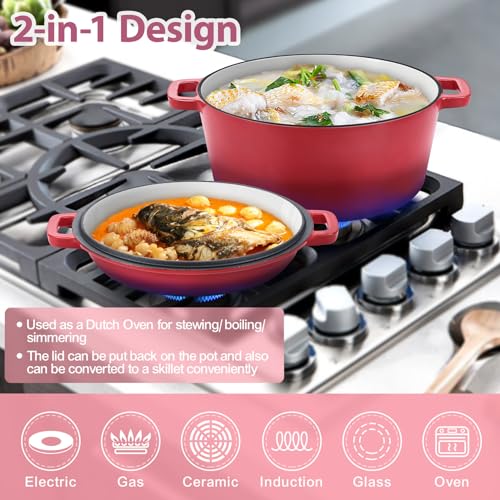 TeamFar 2-In-1 Enameled Cast Iron Dutch Oven, 5 Quart Dutch Oven Pot Cookware with Skillet Lid for Bread Baking Braising Stewing Roasting, Heavy-Duty & Nonstick, Oven Safe & Fit for Induction (Red)