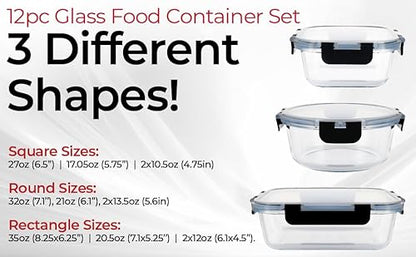 Magic Mill Premium Borosilicate Glass Food Storage Containers with lids Set | 24pc Sets with 12 Bowls & 12 Airtight Locking Lids for Lunch & Meal Prep, Safe for Oven, Freezer, Dishwasher, BPA-Free