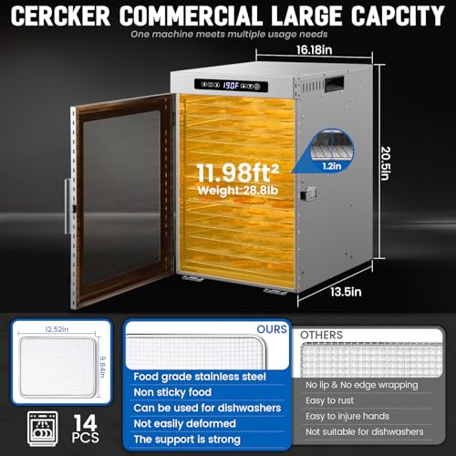 Cercker Commercial Food-Dehydrator Machine 14 Trays, 1200W Fruit Dehydrator,11.98ft² Meat Dryer for Jerky,190ºF Temperature Control,24H Large Food Dryer for Beef