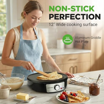 Nutrichef Electric Crepe Maker & Griddle Cooktop - Nonstick 12 Inch Aluminum Hot Plate with LED Indicator Lights & Adjustable Temperature Control - Wooden Spatula & Batter Spreader Included