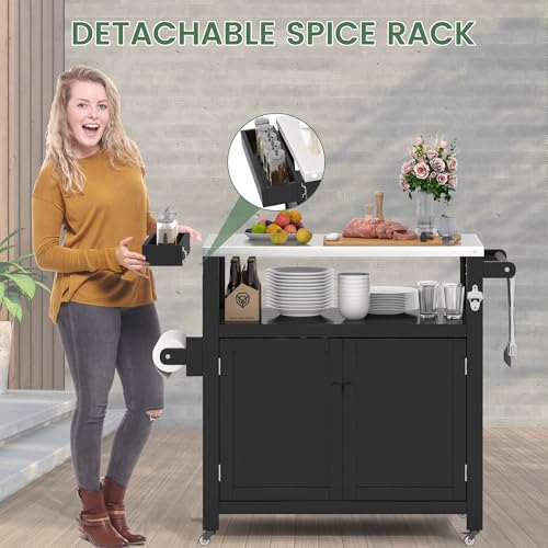 Sunnibety Weatherproof HIPS Outdoor Kitchen Island with Stainless Steel Top & Storage Cabinet, Movable Prep Table with Wheels for BBQ Food Prep, Outdoor Grill Cart for Parties, Black