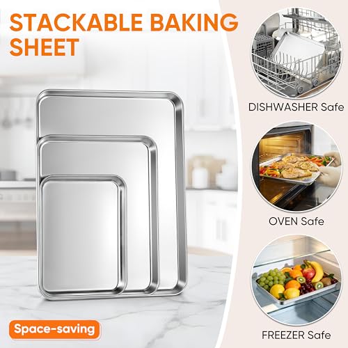 LIANYU 3 Pack Stainless Steel Baking Sheets, Cookie Sheet Pan for Baking & Roasting, 16/12.4/9.2 In, Toaster Oven Pan Cookie Baking Tray, Non Toxic & Heavy Duty & Easy Clean, Dishwasher Safe