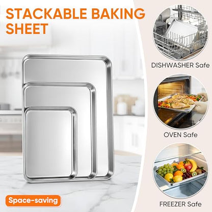 LIANYU 3 Pack Stainless Steel Baking Sheets, Cookie Sheet Pan for Baking & Roasting, 16/12.4/9.2 In, Toaster Oven Pan Cookie Baking Tray, Non Toxic & Heavy Duty & Easy Clean, Dishwasher Safe