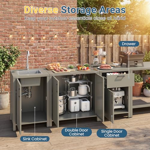 Wisteria Lane Outdoor Storage Cabinet with Stainless Steel Sink, Aluminum Modular Outdoor Kitchen, All Wheather Kitchen Island with Storage, Patio Bar Table for BBQ, Porch，Backyard