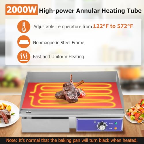 Happygrill 22" Commercial Electric Griddle, Stainless Steel Flat Top Grill w/Adjustable Temperature Control 122℉-572℉, Complete Accessories, 2000 W Electric Countertop Griddle for Kitchen Restaurant