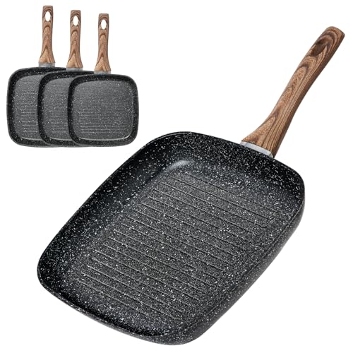 OLIXIS Nonstick Frying Pan Skillet Set, 3 Piece Square Grill Pans for Indoor Outdoor RV Camping Cooking, PFOA Free Skillet Set with Stay Cool Handle, Compatible with All Stovetops (9.5" 10" 11") Black