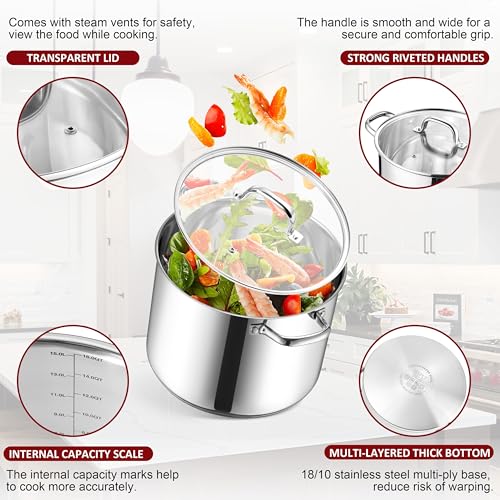 Herogo 16-Quart 18/10 Stainless Steel Stock Pot with Lid, Large Heavy Duty Soup Pot Compatible with Electric, Gas, Induction and Gas Cooktops, Non-Toxic & Corrosion Resistant, Dishwasher Safe