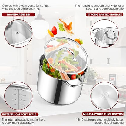 Herogo 16-Quart 18/10 Stainless Steel Stock Pot with Lid, Large Heavy Duty Soup Pot Compatible with Electric, Gas, Induction and Gas Cooktops, Non-Toxic & Corrosion Resistant, Dishwasher Safe