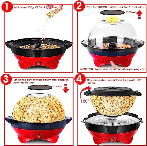 TLGREEN 6 Quart Popcorn Machine - 24 Cups, Stir Crazy Popcorn Popper Machine, Electric Hot Oil Popcorn Maker Machine, with Nonstick Plate & Stirring Rod, Large Lid as Serving Bowl and 2 Measuring Cups