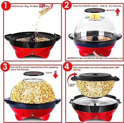 TLGREEN 6 Quart Popcorn Machine - 24 Cups, Stir Crazy Popcorn Popper Machine, Electric Hot Oil Popcorn Maker Machine, with Nonstick Plate & Stirring Rod, Large Lid as Serving Bowl and 2 Measuring Cups