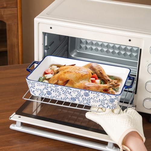 Cerkik Ceramic Bakeware Set - Casserole Dish Baking Dishes for Oven - Rectangular Lasagna Pans with Handles for Kitchen Cooking - Microwave & Dishwasher Safe - Set of 3 (15.1''/13.6''/9.9'') - Blue