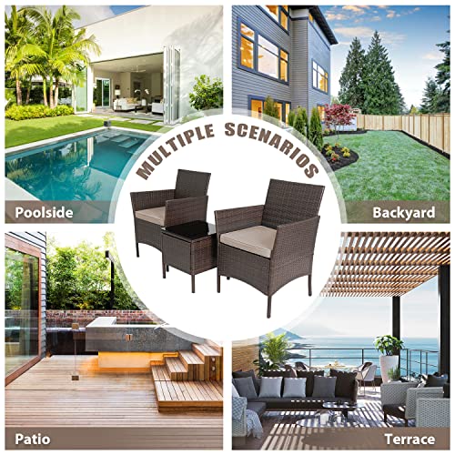 3-Piece Outdoor Wicker Conversation Bistro Set Outdoor Patio Porch Furniture Sets for Yard, Garden with 2 PE Rattan Wicker Chairs, 2 Cushions,1 Coffee Table