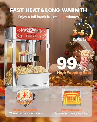ELOMBR 16 Oz Commercial Popcorn Machine, 1440 W, Movie Theater Popcorn Machine, Red Tabletop Pop Corn Machine with 3-Switch Control & Steel Frame Tempered Glass Doors
