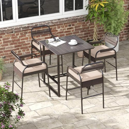 Tangkula 5-Piece Patio Rattan Bar Set, Counter Height Square Table with 4 Wicker Counter Stools, All-Weather Tabletop, Cushioned Outside Dining Set for Poolside, Backyard (Brown)