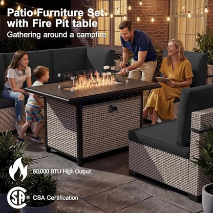 SnugVista Patio Furniture Set, 18-Piece Outdoor Sectional Sofa with Swivel Rocker Chairs & Fire Pit Table, Wicker Patio Conversation Set with Coffee Table, Black Cushions