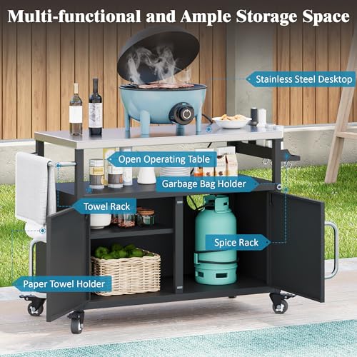 LUMISOL Outdoor Grill Table with Stainless Steel Tabletop, 54.5" Outdoor Kitchen Island with Storage Cabinet, Rolling Bar Cart Sink Station with 4 Lockable Wheels for Pizza Prep, Black
