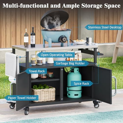 54.5" Outdoor Kitchen Island with Stainless Steel Tabletop, Metal Grill Cart Table with Storage Cabinet, Spice Rack and Towel Rack, Outdoor Bar Cart with 4 Lockable Wheels for Outside BBQ (Black@79)