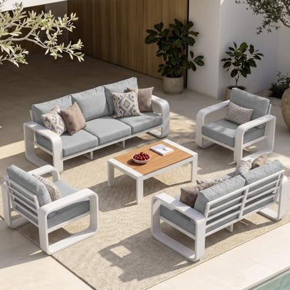 Oasbira Oversized Aluminum Outdoor Furniture Set, Extra Large Patio Furniture Sofa Set 4.8” Widened Armrest & Ultra-Thick Cushions, 5 Pcs Modern Patio Sectional for Backyard, Porch, White