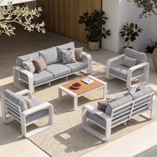 Oasbira Oversized Aluminum Outdoor Furniture Set, Extra Large Patio Furniture Sofa Set 4.8” Widened Armrest & Ultra-Thick Cushions, 5 Pcs Modern Patio Sectional for Backyard, Porch, White