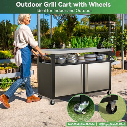 Stanbroil Rolling Outdoor Kitchen Island, BBQ Grill Cart with Stainless Steel Table Top, Double-Door Storage Cabinet & Pull-Out Shelf, Grill Table Cart for Outdoor Indoor, Large
