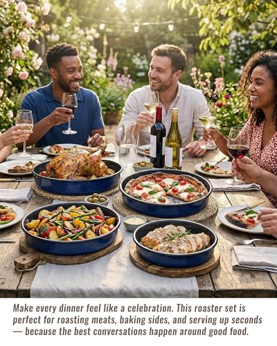 MCCSI Enamel Roasting Pan Set Round Baking Dish 4-Pack 9/10/12/14 Inch Non Stick High Temperature Resistance Bakeware for Pizza & Salad, Oven Dishwasher Safe Mother Day Gift for Wife & Mom Cake Pan