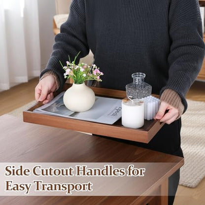 HANLANXUE 2 Pcs 17 Inch Acacia Wood Serving Trays with Handles, Large Wooden Tray Platter for Ottoman, Breakfast in Bed, Coffee Table, Decorative Rectangular Tray for Living Room Bedroom Kitchen