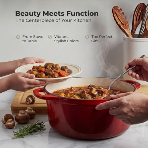 Zulay Kitchen 6.4QT Enameled Cast Iron Dutch Oven Pot with Lid, Heavy-Duty Soup Pot for Stews, Braising, Roasting & Sourdough Bread Baking, Oven Safe up to 500°F - Ablaze Red
