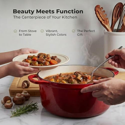 Zulay Kitchen 6.4QT Enameled Cast Iron Dutch Oven Pot with Lid, Heavy-Duty Soup Pot for Stews, Braising, Roasting & Sourdough Bread Baking, Oven Safe up to 500°F - Ablaze Red
