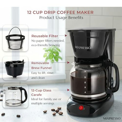Mixpresso 12 Cup Drip Coffee Maker, Coffee Pot with Reusable Filter, Black
