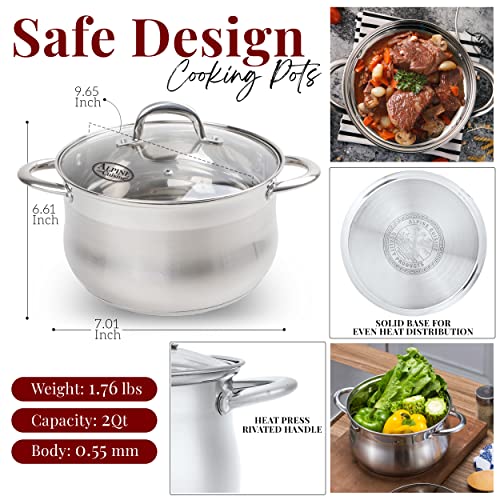 Alpine Cuisine 2-Quart Stainless Steel Dutch Oven with Tempered Glass Lid, Belly Shape, Heavy Duty & Dishwasher Safe