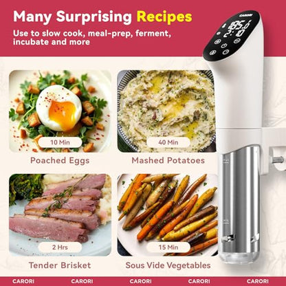 Carori Sous Vide Machine 1100W, Sous Vide Precision Cooker, Ultra Quiet Immersion Circulator with Recipes, Accurate Temperature and Time Control with Adjustable Clamp, Brushless Motor, White