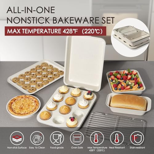 Kikcoin Pots and Pans Set Non Stick 31 Piece Kitchen Nonstick Cooking Cookware Sets with Grill Pan Saucepan Baking Sheet Utensil, Cream White