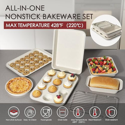 Kikcoin Pots and Pans Set Non Stick 31 Piece Kitchen Nonstick Cooking Cookware Sets with Grill Pan Saucepan Baking Sheet Utensil, Cream White