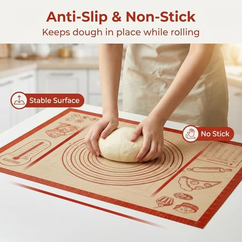 Silicone Baking Mat with Measurements, 26x16Inch Extra Thick Silicone Mats for Making Pie Bread Pizza, Nonstick Kitchen Pastry Matt for Dough Rolling Kneading, Heat Resistant Oven Liner Gift for Baker