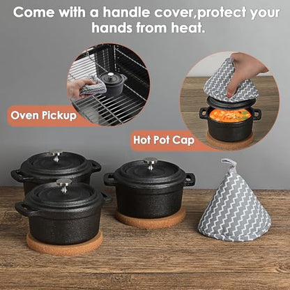 BSTKEY Mini Cocotte Set, 3 Pcs Mini Dutch Oven with Lids and Handles, Cast Iron Garlic Roaster with Cork Pan Mat, Stovetop, Oven Safe (8 oz)