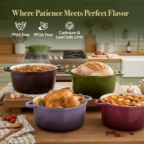 Vintage Style 6 Quart Dutch Oven Pot with Lid, Non Stick Enameled Cast Iron Dutch Oven for Bread Baking, Heavy-Duty, Oven Safe Ceramic Cookware Up to 500°F for Baking, Braising, Stews, Roasting, Golden Green