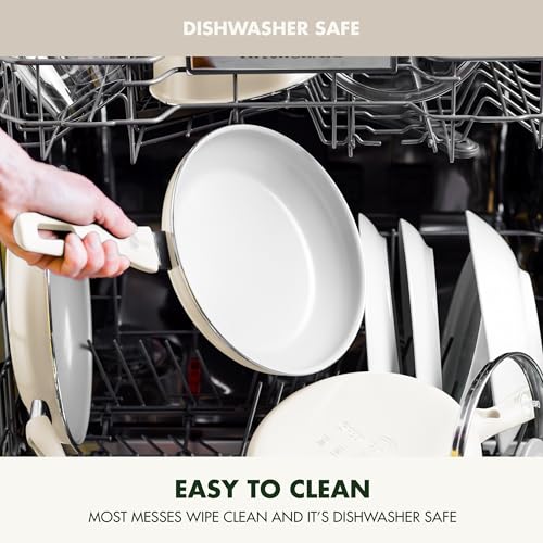 GreenPan Dover 12” Frying Pan Skillet, Non-Toxic PFAS-Free PFOA-Free Ceramic Nonstick Coating, Sear Saute Fry Egg Omlete, Dishwasher & Oven Safe, Stay Cool Handle, Easy Pour Rims, Cream White