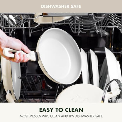 GreenPan Dover 12” Frying Pan Skillet, Non-Toxic PFAS-Free PFOA-Free Ceramic Nonstick Coating, Sear Saute Fry Egg Omlete, Dishwasher & Oven Safe, Stay Cool Handle, Easy Pour Rims, Cream White