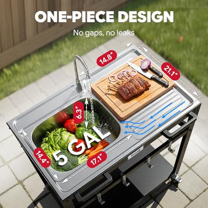 FEASTO 35-Inch Outdoor Grill Cart with Stainless Steel Sink, Rolling BBQ Prep Table with Faucet, Storage Shelves and Lockable Wheels for Patio, Backyard and Outdoor Cooking, Silver & Black