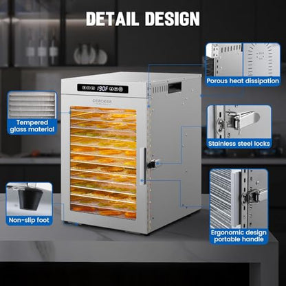 Cercker Commercial Food-Dehydrator Machine 14 Trays, 1200W Fruit Dehydrator,11.98ft² Meat Dryer for Jerky,190ºF Temperature Control,24H Large Food Dryer for Beef