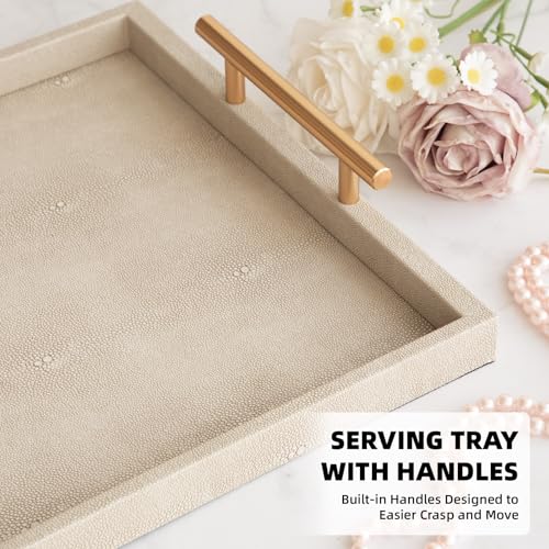 Modern Decorative Tray Set of 2 Ivory Shagreen Leather and Wood Serving Tray with Gold Polished Metal Handles for Ottoman, Coffee Table, Bathroom and More