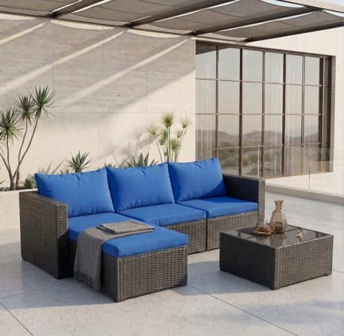 Patio Furniture Set 4 Pcs Outdoor Sectional Sofa Set with Cushion, Blue