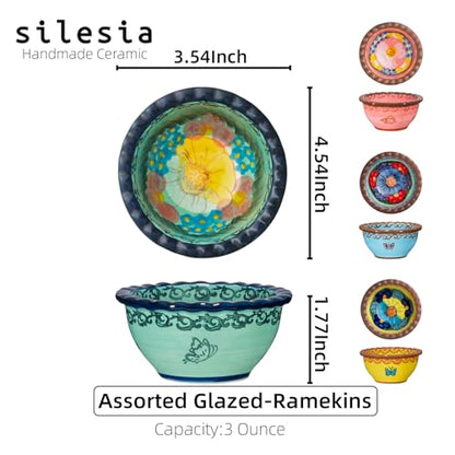 Handmade 3 oz Ramekins, silesia Ceramic Creme Brulee Pudding Cups Set of 4 - Hand Painted Small Sauce Bowl for Kitchen in Gift Box, Microwave & Dishwasher Safe, 3.5 inch, Assorted Glazed