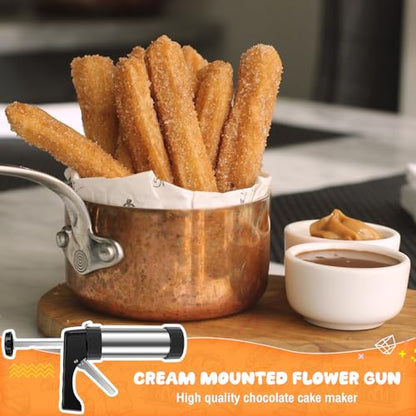Churro Maker Machine - Stainless Steel Churros Gun Kit, 3-In-1 Multifunctional Cookie Press Gun with Piping Bag, 8 Piping Nozzles and 16 Cookie Discs for Making Churro, Cookie and Cake DIY