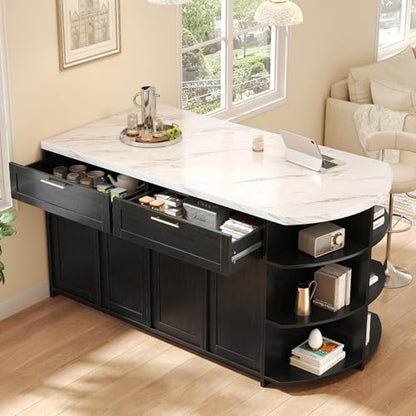 HSH 63” Large Kitchen Island with Seating, White Faux Marble Island Table with 2 Storage Drawers, Cabinets, 3 Open Shelves, Modern Counter Height Stationary Island Prep Table for Kitchen Dining Room